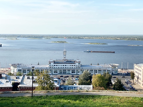 Niznhy Novgorod, Russia - August 31, 2020: Harbor building and view on Volga river
