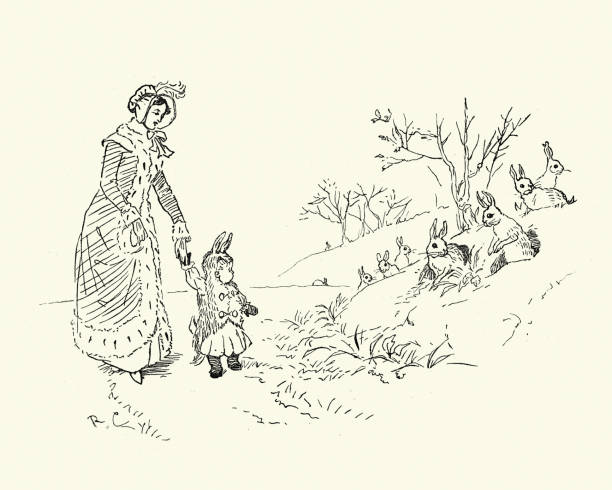 ilustrações, clipart, desenhos animados e ícones de tdeus, bebê bunting, rima do berçário, na pele de coelho - randolph caldecott