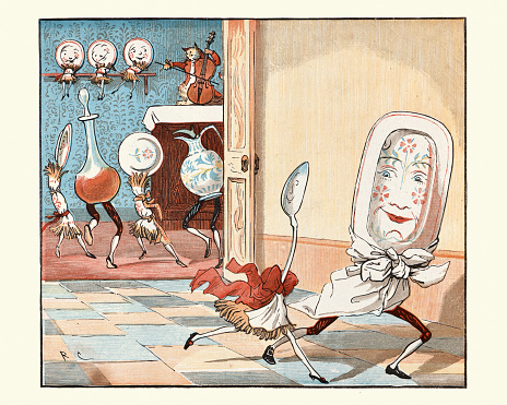 Vintage illustration of by Randolph Caldecott from the Nursery Rhyme, Hey Diddle Diddle. And the dish ran away with the spoon