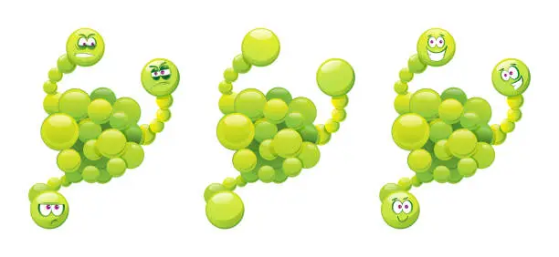 Vector illustration of Comic virus isolated green germ mutant, laughing and angry emoticon with many hands or hands. Vector kids illness character, cartoon microorganism emoticon, microbe with eyes. Bad influenza fever