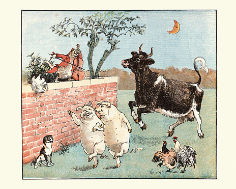 Vintage illustration of by Randolph Caldecott from the Nursery Rhyme, Hey Diddle Diddle. Hey Diddle Diddle, The Cat and the Fiddle, The Cow Jumped Over the Moon