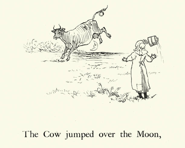hej diddle diddle, krowa skoczył na księżyc, rym przedszkola - cow moon nursery rhyme jumping stock illustrations