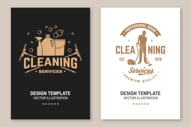 Cleaning company covers, invitations, posters, banners, flyers. Vector. Vintage typography design with cleaning equipments. Cleaning service template for company related business Cleaning company covers, invitations, posters, banners, flyers. Vector illustration. Vintage typography design with cleaning equipments. Cleaning service template for company related business maid stock illustrations
