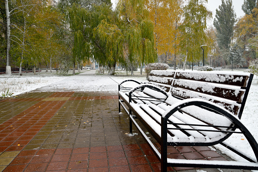 Snow fell in the fall and lies in a Park on a wooden bench. Horizontal view