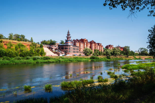 View of the city from the other bank of the Ural river in summer stock photo