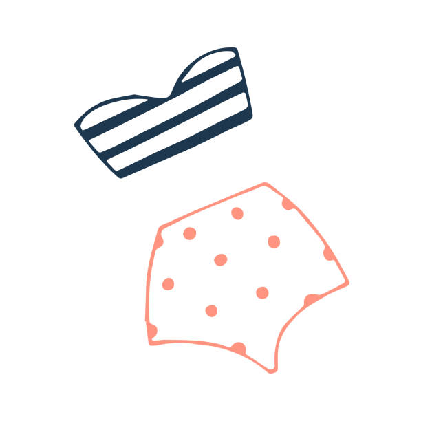 Doodle sketch of woman swimwear with dots and stripes. Isolated on white background vector illustration. Doodle sketch of woman swimwear with dots and stripes. Isolated on white background vector illustration polka dot bathing suit stock illustrations