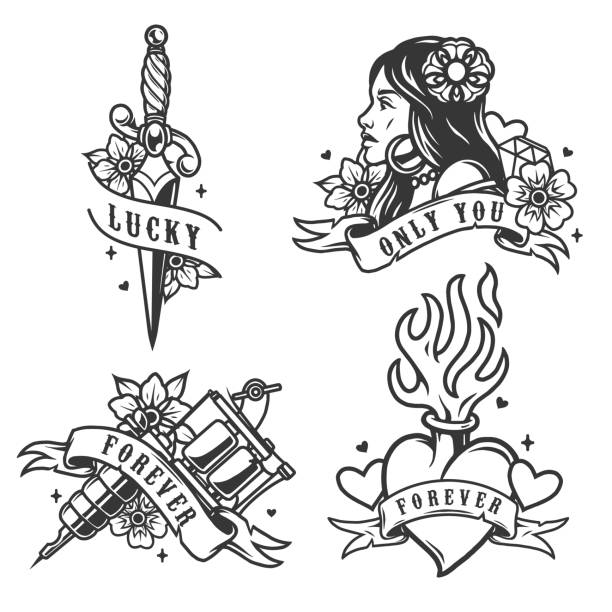 illustrazioni stock, clip art, cartoni animati e icone di tendenza di tatuaggi monocromatici vintage - blade