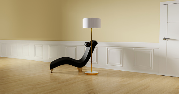 Chaise longue con una lámpara al lado en una habitación blanca y bien iluminada, ilustración 3D