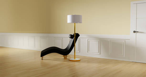 chaise longue com uma lâmpada ao lado dele em uma sala branca e bem iluminada, ilustração 3d"n - divã sofá - fotografias e filmes do acervo