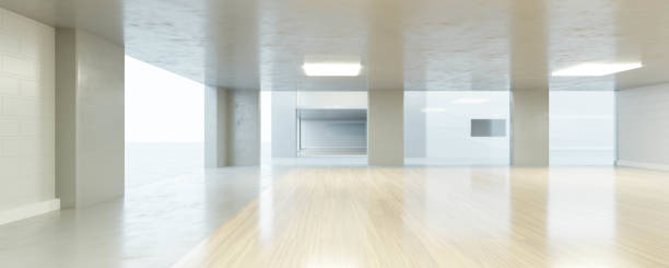 istock Big white bright loft room architecture render 3d illustration with shiny wooden floor and daylight background 1285800476