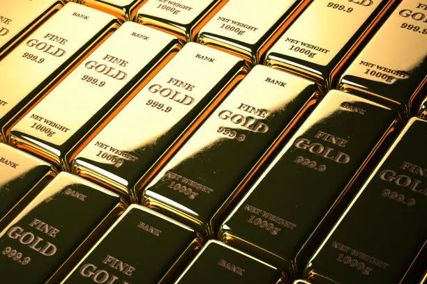 Gold bars or ingots in a row. Financial  and investment concept. 3d illustration