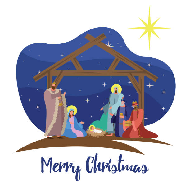 istock happy merry christmas lettering with holy family in stable 1285800806