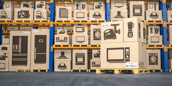 Warehouse with household appliances and kitchen electronics in cardboard boxes. Online purchase, shopping  and delivery concept. 3d illustration