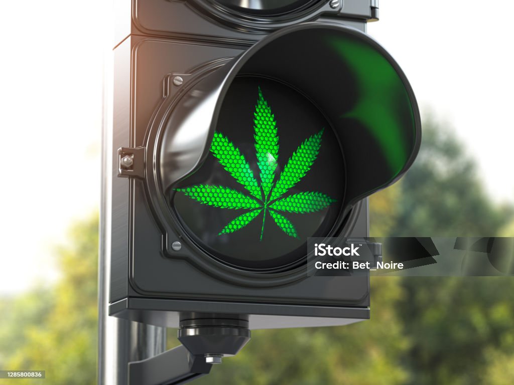 Cannabis leaf on green traffic light. Cannabis and marijuana legalization concept. Cannabis leaf on green traffic light. Cannabis and marijuana legalization concept. 3d illustration Cannabis Plant Stock Photo