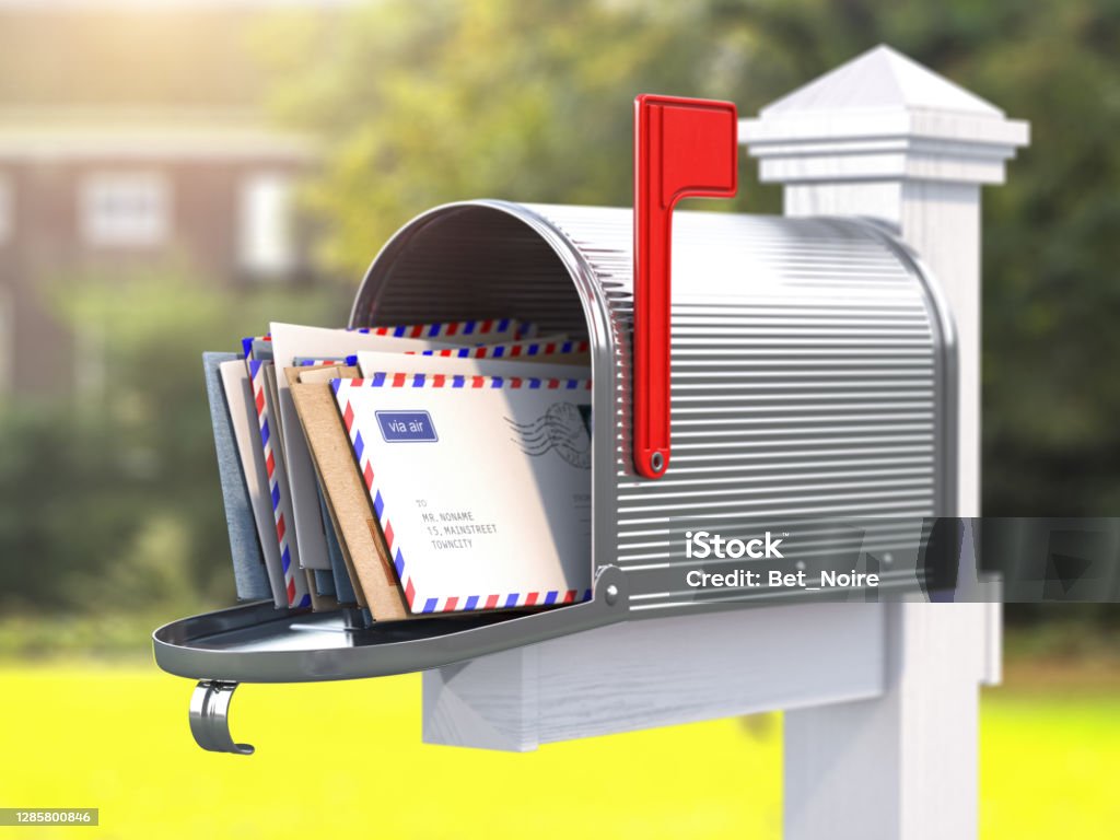 Open mailbox with letters on rural backgound. Open mailbox with letters on rural backgound. 3d illustration Mail Stock Photo