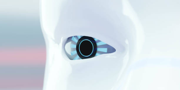 istock Close-up on a robotic eye 3d rendering digital illustration. modern futuristic technology design 1285800881