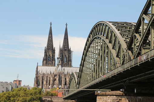 View of Cologne Cathedral and the Deutz Bridge, a railway bridge over the Rhine to the main station in the centre of Cologne