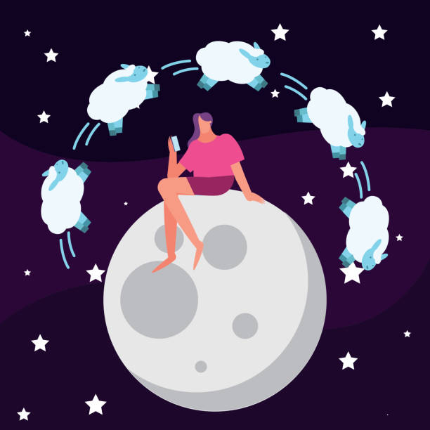 istock woman seated in moon counting sheeps suffering from insomnia character 1285801128