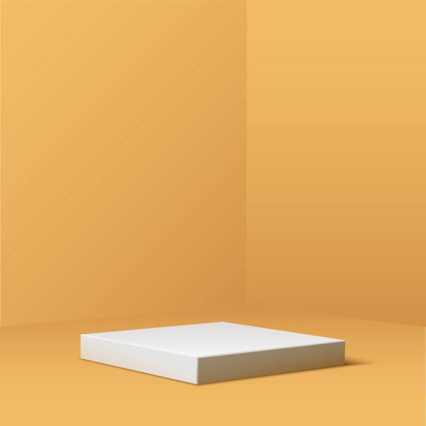 istock White square podium for product on orange pastel background. 3d pedestal in spotlight vector illustration. Geometric stage on floor in room. Abstract realistic place for advertising or decoration 1285805649