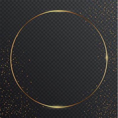 Thin round golden geometric border and confetti on dark transparent background. Glossy circle banner with copyspace. Vector elegant colorful wallpaper design.