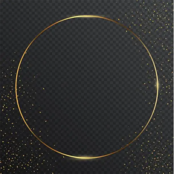 Vector illustration of Thin round golden geometric border and confetti on dark transparent background. Glossy circle banner with copyspace. Vector elegant colorful wallpaper design