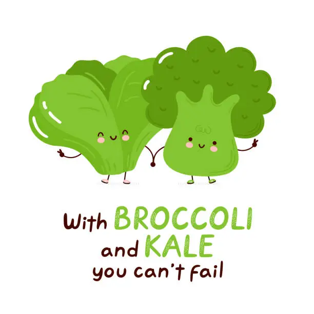 Vector illustration of Cute happy kale and broccoli character