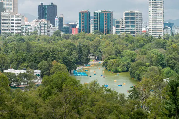 Photo of Aerial view of a pond in Mexico city, Mexico.