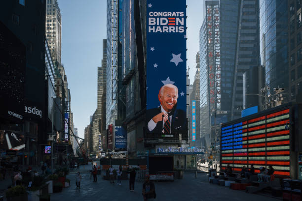 New York during the COVID-19 emergency. Manhattan, New York. November 09, 2020. Times Square tribute to president elect Joe Biden. upper midtown manhattan stock pictures, royalty-free photos & images