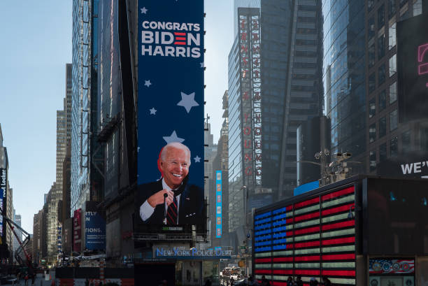 New York during the COVID-19 emergency. Manhattan, New York. November 09, 2020. Times Square tribute to president elect Joe Biden. presidential election photos stock pictures, royalty-free photos & images
