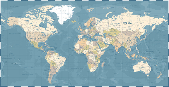 World Map Vintage Dark Political - Vector Illustration - Layers