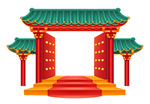 Chinese gate, entrance with roof, stairs isolated Entrance, Chinese gate with green bamboo roof isolated temple with decorative columns and pillars. Pagoda building, open door and red carpet. Japanese house, ancient oriental palace, asian pavilion pagoda stock illustrations