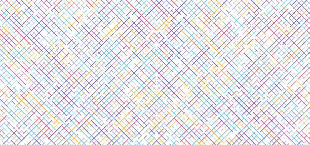 Vector illustration of Abstract colorful yellow, blue, pink, purple dash lines diagonal grid pattern on white background.