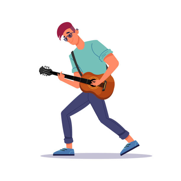 ilustrações, clipart, desenhos animados e ícones de homem tocando guitarra, guitarrista e instrumento de corda isolado pessoa de desenho animado plano. vetor cara com instrumento musical de cordas, músico masculino dá performance, hobby cantor de rock and roll, pano casual - musical instrument string illustrations