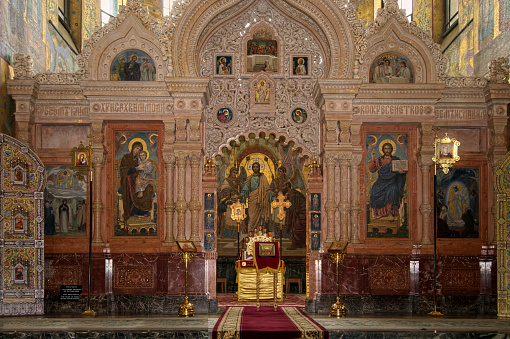 One of the many altars in the Church On The Spilled Blood, St Petersburg, Russia with a life of christ motif from birth to ascension into heaven