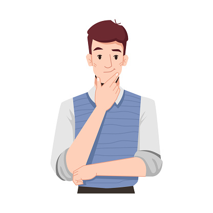 Young entrepreneur thinking or brainstorming on project. Wondering student or puzzled worker. Businessman pondering or planning. Man holding hand on chin. Cartoon character, vector in flat style