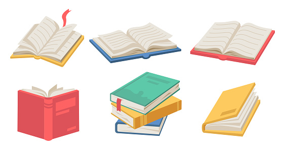 Textbooks with bookmarks and pages, isolated icons of stack of open books. Literature for leisure and magazines for educational purposes. Catalogs and journals, diary for writing vector in flat
