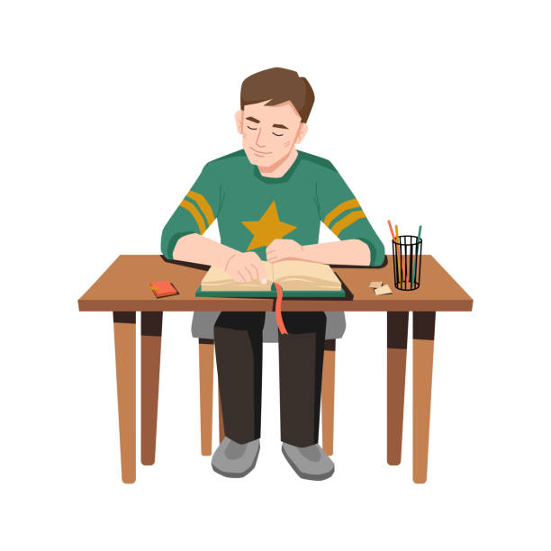 Male pupil sitting at table and doing homework. Vector schoolboy reading open book, glass with pens and pencils stationery on desk. Smart young student studying at home, distance learning Male pupil sitting at table and doing homework. Vector schoolboy reading open book, glass with pens and pencils stationery on desk. Smart young student studying at home, distance learning kids reading clipart stock illustrations