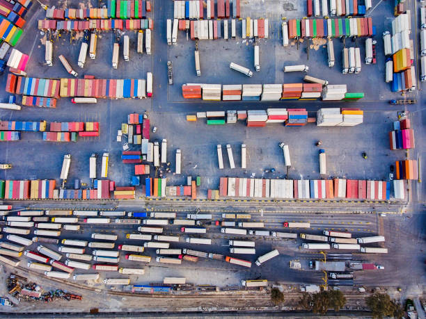 Aerial view of trucks in Container harbour.