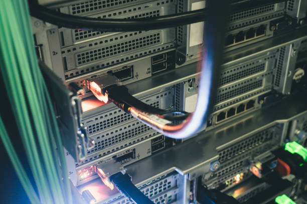 istock High-speed fiber-optic Internet communication channels. The interfaces of the network router are located in the server rack of the data center. 1285819229