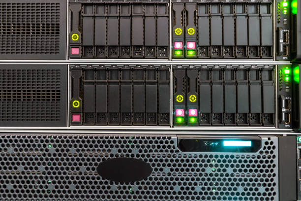 istock The front panel of hosting servers is in the datacenter. Computer hardware works in the server room. Modern hardware of the Internet provider. 1285819240