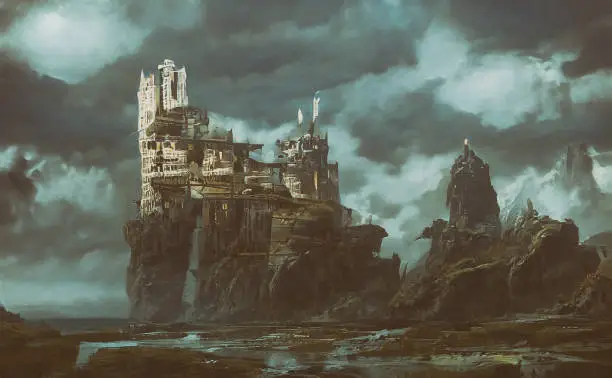 Abstract futuristic background with a ruined castle and town on a cliff in the middle of a valley. Forgotten land, creepy background.