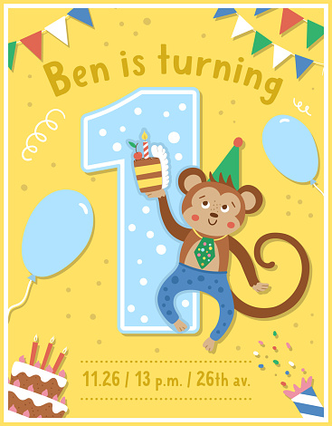 Birthday party greeting card template with cute monkey. Anniversary poster for kids. Bright holiday illustration with funny tropical character, cake, balloon. Festive one year old design for children