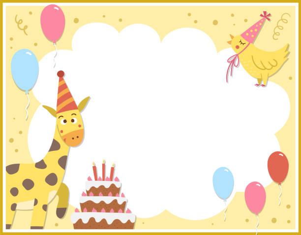 Birthday party greeting card template with cute cake and animals. Anniversary poster or invitation for kids. Bright holiday illustration with traditional festive dessert, balloons, giraffe and place for text Birthday party greeting card template with cute cake and animals. Anniversary poster or invitation for kids. Bright holiday illustration with traditional festive dessert, balloons, giraffe and place for text birthday and invitation card animal background with chicken stock illustrations