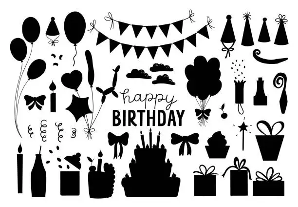 Vector illustration of Set of cute Birthday silhouettes. Party celebration clipart collection. Vector holiday pack with black presents, cake with candles, balloons, flags. Happy anniversary icons isolated on white background