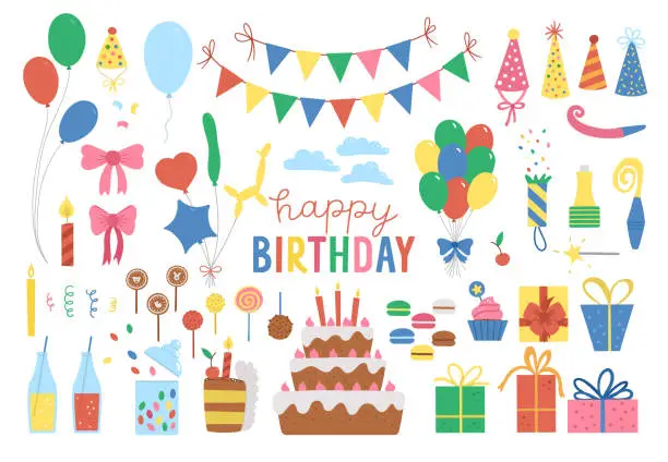 Vector illustration of Set of cute Birthday design elements. Party celebration clipart collection. Vector holiday pack with bright presents, cake with candles, balloons, flags. Happy anniversary icons isolated on white background