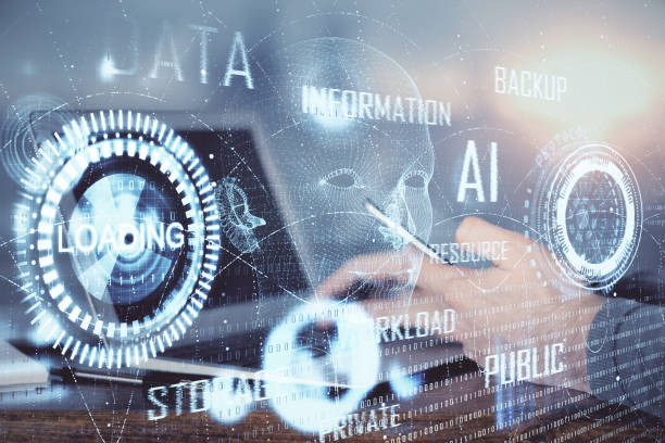 istock Multi exposure of man's hand holding and using a digital device and data theme drawing. Innovation concept. 1285827363