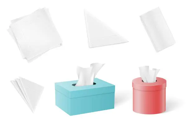 Vector illustration of Set of paper napkins and tissues folded in different forms and inside of boxes