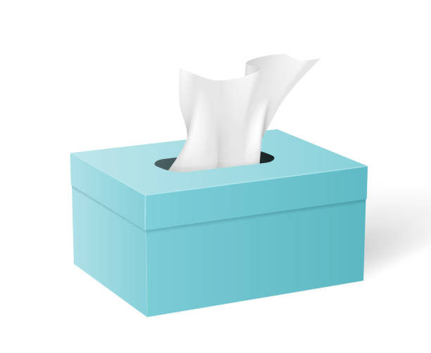 istock Box with white paper napkins. Realistic mockup of blue cardboard package with tissues isolated 1285827624
