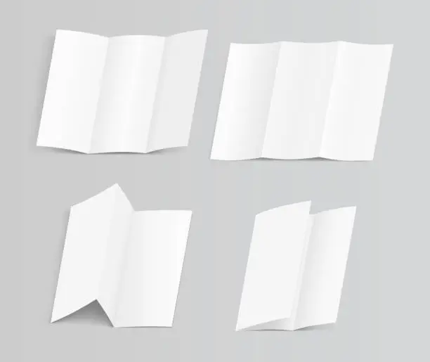 Vector illustration of Set of blank trifold paper brochure mock-up on soft gray background with shadows
