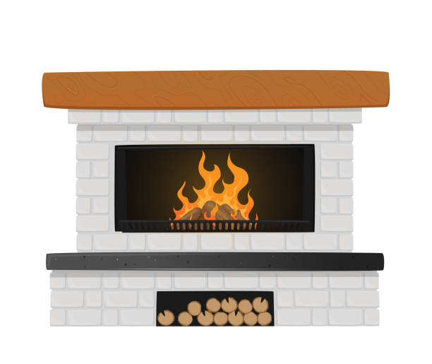 ilustrações de stock, clip art, desenhos animados e ícones de classic fireplace of white brick with burning fire inside and niche for logs. indoors chimney in traditional style - fire place